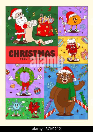 Poster dei personaggi natalizi con Babbo Natale, orsacchiotto e regali divertenti, vettore di cartoni animati. Poster natalizi con decorazioni funky per alberi di Natale, Babbo Natale con lista dei desideri e ghirlanda di felicità Illustrazione Vettoriale