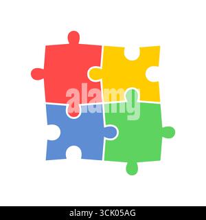 Pezzi del puzzle collegati tra loro - set di oggetti isolati vettoriali. Illustrazione di quattro semplici puzzle. Design piatto. Illustrazione Vettoriale