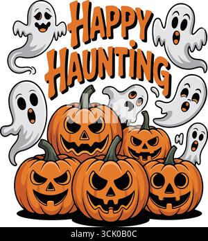 Visi di zucca di Halloween e illustrazioni di fumetti fantasma Illustrazione Vettoriale