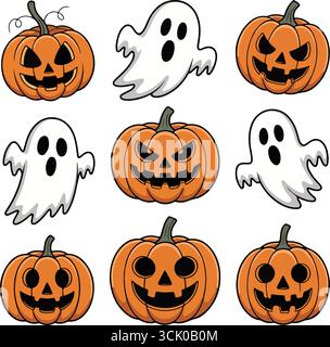 Visi di zucca di Halloween e illustrazioni di fumetti fantasma Illustrazione Vettoriale