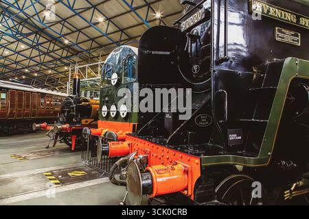 Numerose locomotive esposte all'interno del National Railway Museum di York, Inghilterra, che mostrano il patrimonio e la tecnologia delle ferrovie Foto Stock