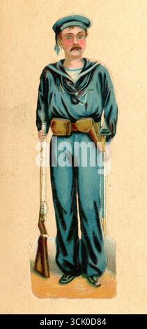 Pezzo originale vittoriano di carta decoupage cromo-diecut decoupage in rilievo da scarti vittoriani di un marinaio della Royal Navy britannica, Britannia, scritto sul suo berretto, con un fucile. Intorno agli anni '1890 del Regno Unito Foto Stock