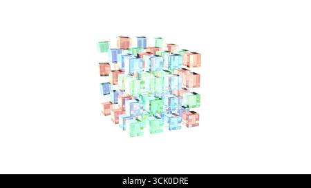 Assemblaggi di scatole in vetro colorato e rendering 3d bg bianco Foto Stock