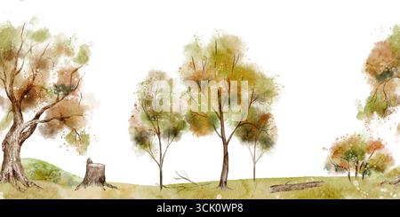 L'acquerello presenta bordi senza cuciture con alberi autunnali ed elementi forestali. Illustrazione di un motivo con bosco autunnale con tronchi, ceppi e rami con fogliame colorato. Disegno per banner stagionale. Foto Stock