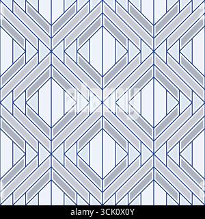 Strisce grigie e contorni blu su sfondo bianco. Ornamento di linee diagonali ripetute e triangoli. Ripetizione geometrica senza cuciture. Sfondo in CA Illustrazione Vettoriale