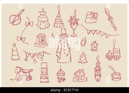 Giocattoli e decorazioni natalizie. Delinea i doodles di colore Bordeaux su sfondo beige Illustrazione Vettoriale