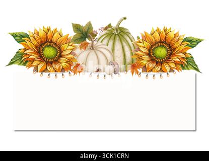 Cornice composta da zucche, girasoli, foglie autunnali e frutti di bosco in un accogliente stile acquerello. Ideale per biglietti stagionali, imballaggi, inviti, poster Foto Stock