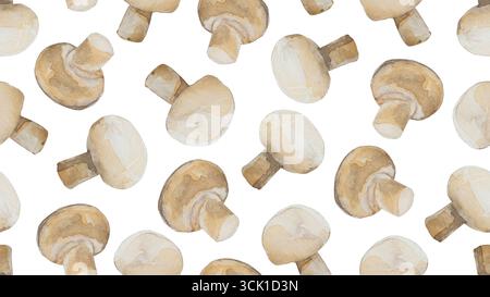 Motivo senza cuciture a funghi acquerelli con champignon. Illustrazione del cibo raccolto nella foresta autunnale su sfondo bianco. Foto Stock