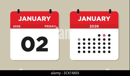 2 gennaio 2026 illustrazione vettoriale del calendario. 2 gennaio pagina del calendario. Calendario giornaliero con data 2 gennaio. La settimana inizia domenica. Illustrazione Vettoriale