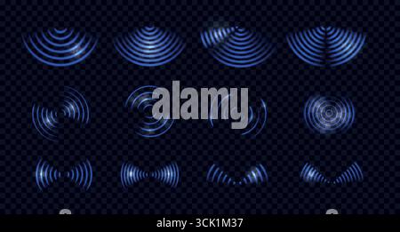 Set di vari segnali radar o onde sonore. Cerchi concentrici al neon blu isolati su sfondo trasparente. Illustrazione vettoriale Illustrazione Vettoriale