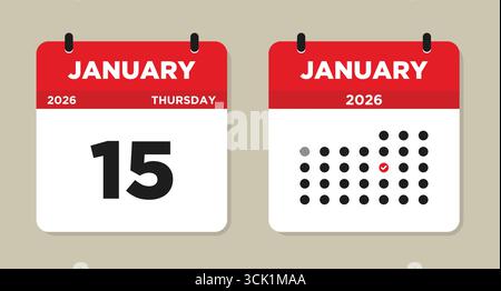 15 gennaio 2026 illustrazione vettoriale del calendario. pagina del calendario del 15 gennaio. illustrazione del promemoria evento. Calendario giornaliero con data 15 gennaio. Illustrazione Vettoriale