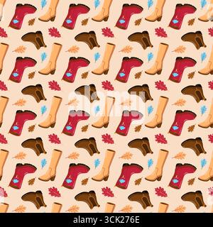 Motivo autunnale senza cuciture con stivali da cartone animato autunnali e foglie colorate. Sfondo fogliame vettoriale. Illustrazione Vettoriale