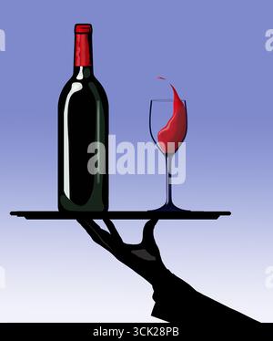 Il vino su un vassoio tenuto da un cameriere è visto in un'illustrazione grafica di vini di vario tipo. Foto Stock