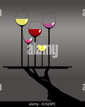 Il vino su un vassoio tenuto da un cameriere è visto in un'illustrazione grafica di vini di vario tipo. Foto Stock