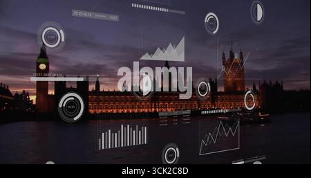 Visualizzazione delle camere illuminate del Parlamento e del Big Ben sul Tamigi al tramonto, con sovrapposizioni di dati Foto Stock