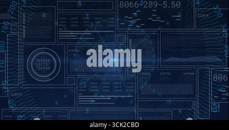 Visualizzazione di un'interfaccia dati futuristica attraverso il dashboard che mostra pannelli traslucidi e letture Foto Stock