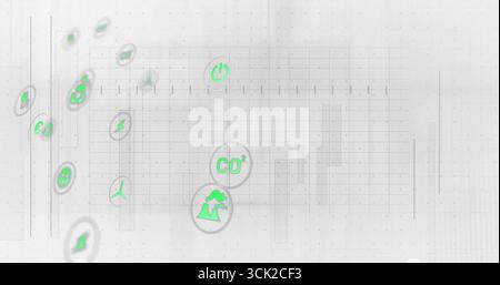 Visualizzazione dell'interfaccia con icone di energia grigie verdi al neon su griglia sbiadita con contorni del pannello Foto Stock