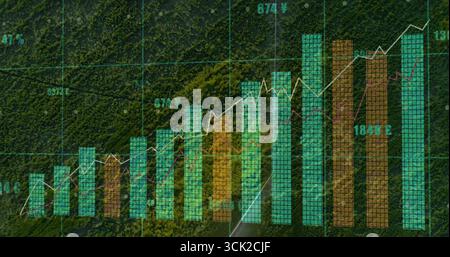 Mappatura dei dati sulla strada forestale dall'alto, con grafico a barre, grafico a linee, griglia e etichette di valuta Foto Stock