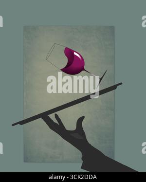 Il vino su un vassoio tenuto da un cameriere viene visto rovesciare e versare vino rosso in un'illustrazione in 3D con spazio per le copie. Foto Stock