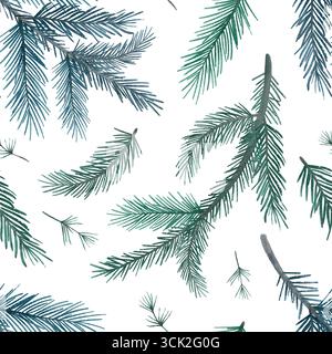Un motivo elegante che mostra lussureggianti rami di pino verde, perfetto per i temi invernali e per le decorazioni stagionali. Motivo senza cuciture ad acquerello disegnato a mano su sfondo bianco per la stampa su tessuto e carta. Foto Stock