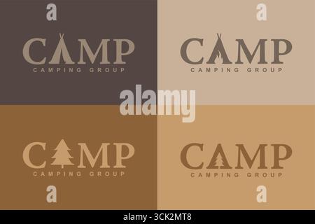 Quattro diversi disegni con logo per un gruppo di campeggi, con tende stilizzate, falò e pini su sfondi dai colori della terra Illustrazione Vettoriale