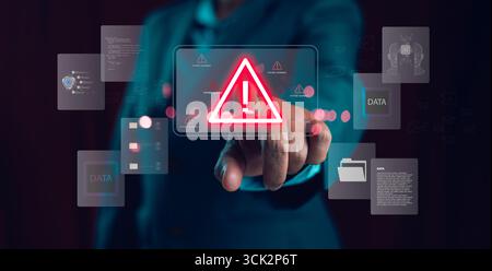 Uomo d'affari che preme l'icona di avviso del sistema digitale con dati ed elementi di intelligenza artificiale sullo schermo virtuale, concetto di rischio per la sicurezza informatica, protezione dei dati, artifici Foto Stock
