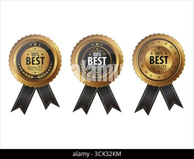 Set di distintivi 100% Best Quality Gold e Black Award con nastri per la garanzia e la certificazione Premium. Set di distintivi Gold Best Quality al 100%. Illustrazione Vettoriale