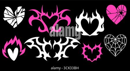 Design a cuore gotico Y2K con fiamme tribali, motivi in vetro spezzato e dettagli a ragnatela per un'estetica audace. Elementi rosa, silhouette bianche sul nero. Simboli Emo punk per tatuaggi o adesivi. Illustrazione Vettoriale