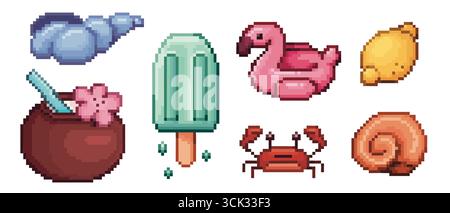 Collezione di adesivi estivi pixel con popsicle, fenicottero rosa e granchio per un gioco da spiaggia. bevanda al cocco a 8 bit, frutta al limone e conchiglia. Icone di vacanza retrò per applicazioni tropicali o feste a bordo piscina. Illustrazione Vettoriale
