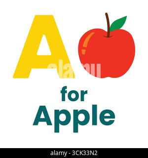 Lettera alfabetica A con illustrazione Apple per l'apprendimento dei bambini Illustrazione Vettoriale