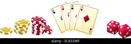 Tute da carte da gioco. Chip casinò. Asso del poker. Gioco d'azzardo al casinò di Las Vegas. Cubo di dadi. Blackjack ha vinto. Gettoni jackpot di scommessa. Vanga di giochi. Mazzo di gioco della fortuna. R Illustrazione Vettoriale