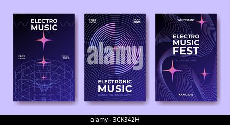 Poster di musica elettronica con onde, onde sonore ondulato, layout per eventi notturni. Stelle di gradiente con motivi circolari, griglie a reticolo e linee fluide per la promozione elettronica di festival Illustrazione Vettoriale