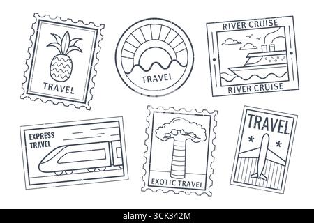 Francobolli vintage con temi di viaggio: Destinazione tropicale di ananas, paesaggio al tramonto, nave da crociera, trasporto espresso in treno, esotica palma e simboli di volo in aereo. Cartelli per le vacanze turistiche Illustrazione Vettoriale