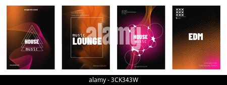 Set di poster con musica elettronica con onde sfumate arancioni e rosa e forme geometriche per eventi da club. Linee e cerchi luminosi e brillanti al neon per la casa, il salotto e i volantini delle feste serali EDM. Illustrazione Vettoriale