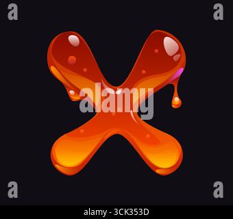 Saporito carattere cartoni animati miele lettera X. lettera carattere cartoni animati giallo ambra flusso, gustoso vettore caramello elemento alfabeto inglese. Caramelle liquide, simbolo ABC o simbolo del miele dolce Illustrazione Vettoriale