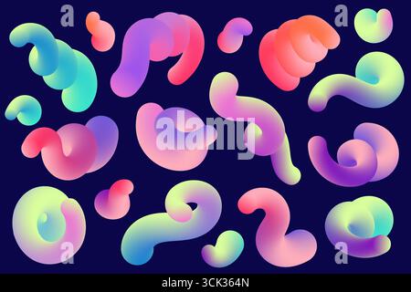 Forme di gradiente astratte 3D. Linee ondulate fluide colorate. Tratti olografici sfumati luminosi su sfondo scuro. Fai un giro di doodle moderno. Vettore Illustrazione Vettoriale
