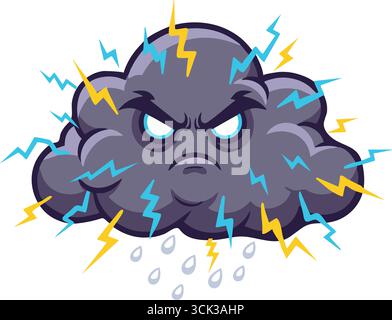 Una nuvola di tempesta scontrosa si irrompe con un fulmine giallo e getta sotto di essa piccole gocce. Illustrazione Vettoriale
