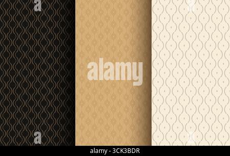 Set di sfondi geometrici astratti pigtail senza cuciture in stile piatto. Modelli beige, nero e bianco per ordini online, pagine Web, progettazione e stampa di app. Illustrazione Vettoriale