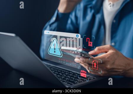Sicurezza informatica, sicurezza dei dati, avviso di hacking e icona di avviso. violazione dei dati, vulnerabilità del sistema e rischi per la privacy di internet. Foto Stock