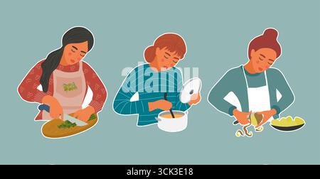 Set di Stickers Woman Cooking Illustrazione Vettoriale