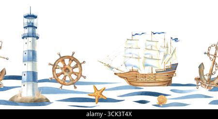 Confine perfetto con barca a vela, faro, ancora, volante e semplici linee astratte curve delle onde oceaniche. Illustrazione ad acquerello disegnata a mano Foto Stock