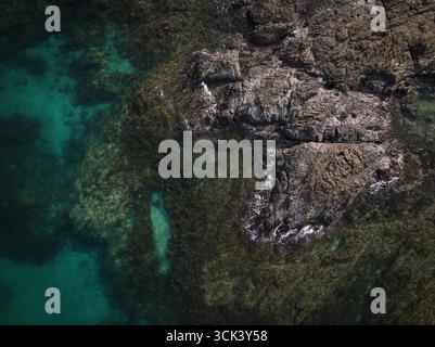 Vista aerea delle coste rocciose che incontrano il mare turchese, creando un incredibile contrasto di texture ruvide e colori vivaci, Phuket, Thailandia. Foto Stock