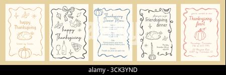 Invito per il Ringraziamento con tacchino, zucca e cena autunnale con elementi di festa. Menu festivo, festa del raccolto e festa dell'amicizia Illustrazione Vettoriale