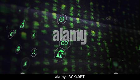Gruppo mobile di icone circolari verdi che si spostano sul cruscotto del computer, mostrando i dati relativi all'energia Foto Stock