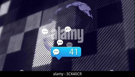 Bolla di notifica chat blu fluttuante che mostra 41 sulla griglia digitale, con icone e mappa bianche Foto Stock