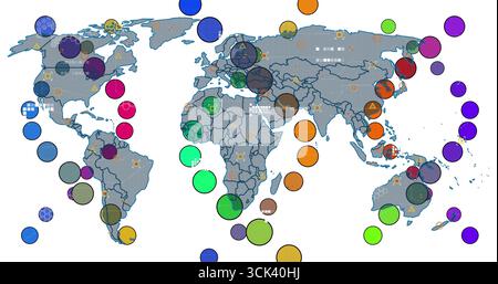 Visualizzazione della mappa mondiale su tela bianca, con cerchi colorati che mostrano icone geometriche sovrapposte Foto Stock
