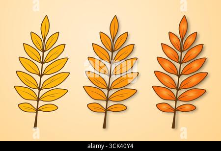 Una serie di semplici e luminose foglie autunnali di colore giallo-arancione su sfondo beige. Illustrazione Vettoriale