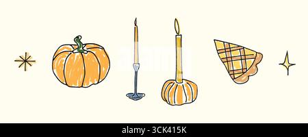Zucca stravagante disegnata a mano con candele accese e fetta di torta dolce in uno stile divertente di schizzo a doodle, texture marcatore, atmosfera accogliente del raccolto autunnale. Piatto Illustrazione Vettoriale