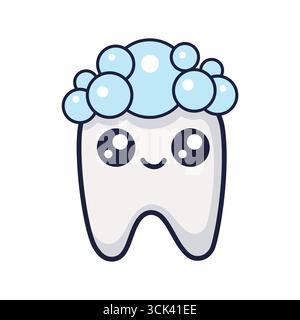 Carino personaggio di Tooth Cartoon con schiuma di dentifricio sulla parte superiore. Icona del dente felice per la clinica dentale dei bambini. Concetto di igiene dentale Illustrazione Vettoriale