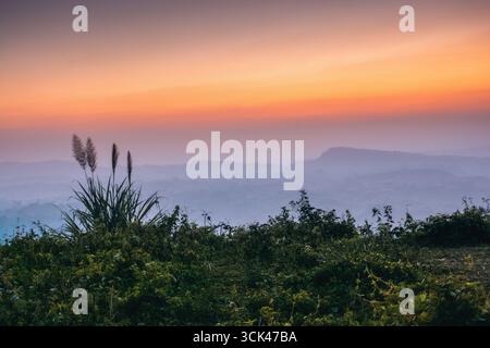 La vista di una tranquilla scena si dispiega al tramonto, proiettando una calda luce arancione e rosa sulle colline lontane e il lussureggiante primo piano verde, Sajek e Chittag Foto Stock